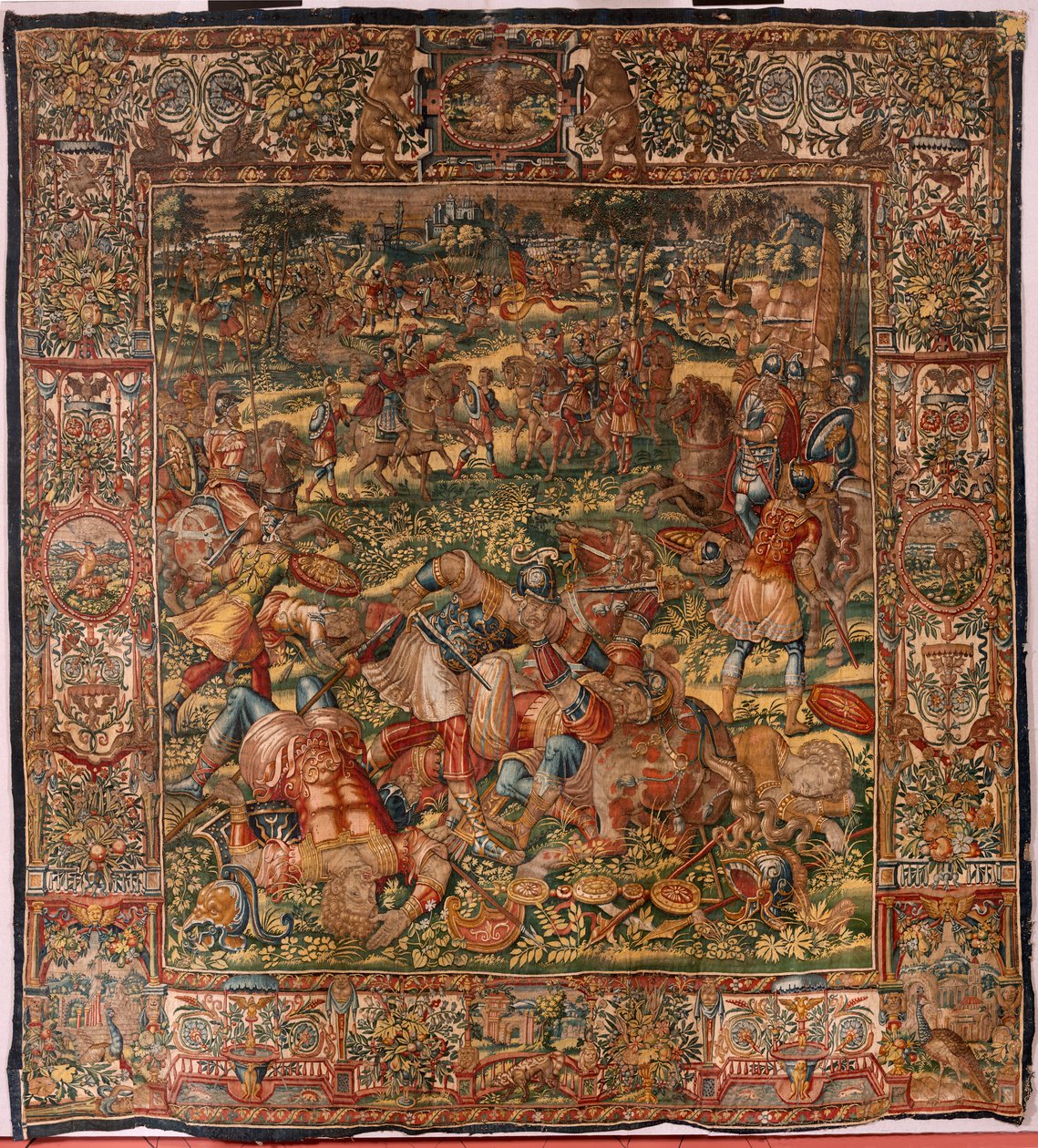 Diözesanmuseum. Flämischer Wandteppich. Brüssel. Atelier François Geubels. Serie Geschichte von Gideon. Die Niederlage der Midianiter. Seide und Wolle. Vermächtnis von Bischof Vicente Roca de la Serna. Barock. 1534-1571 von Maerten van Heemskerck