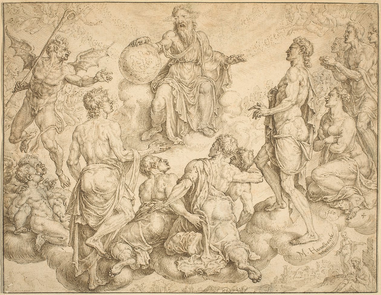 Satan fordert Gott heraus, seinen Schutz von Hiob zu entfernen von Maerten van Heemskerck