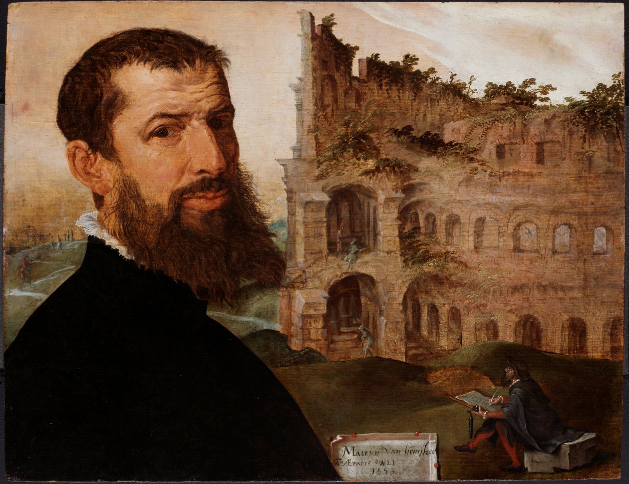 Selbstporträt mit dem Kolosseum, Rom von Maerten van Heemskerck