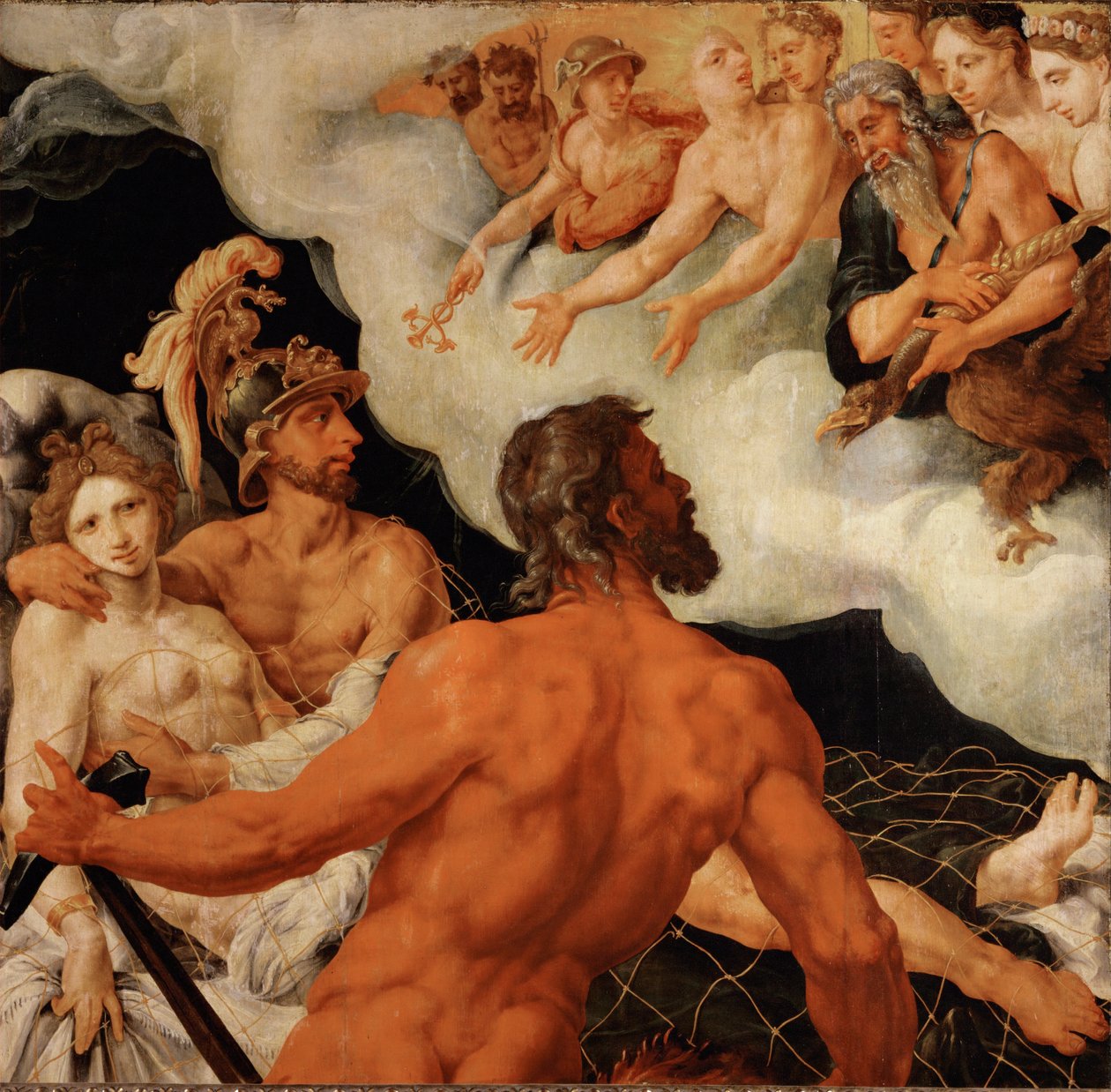 Vulkan fängt Venus und Mars in einem Netz und zeigt sie den lachenden Göttern von Maerten van Heemskerck