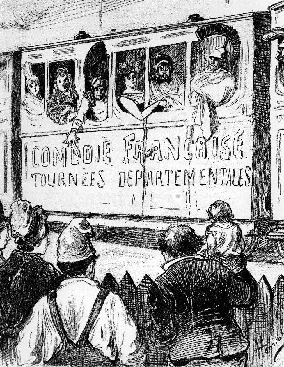 Die Besetzung der Comédie Française auf Tournee in Frankreich in einem Sonderzug, macht Halt, um den Landbewohnern einen Einblick ins Theater zu geben, 2. Hälfte des 19. Jahrhunderts von Henri Maigrot