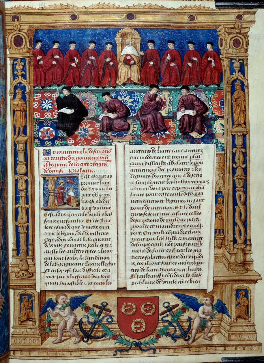 Der Rat der Zehn Der Doge ist in der Mitte. Seite aus einer Beschreibung oder befasst sich mit der Regierung und dem Regime der Stadt und Herrschaft Venedig, realisiert von Admiral Louis Malet de Graville, illuminiert vom Meister von Philip de Geldre (16.  von Maitre de Philippe de Gueldre