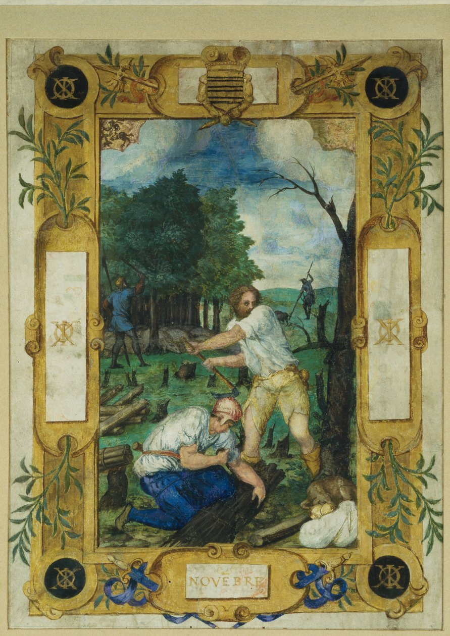 Kalenderseite für November, Baumfällen, aus einem Stundenbuch, ca. 1550-60 von Maitre des Heures de Claude Gouffier