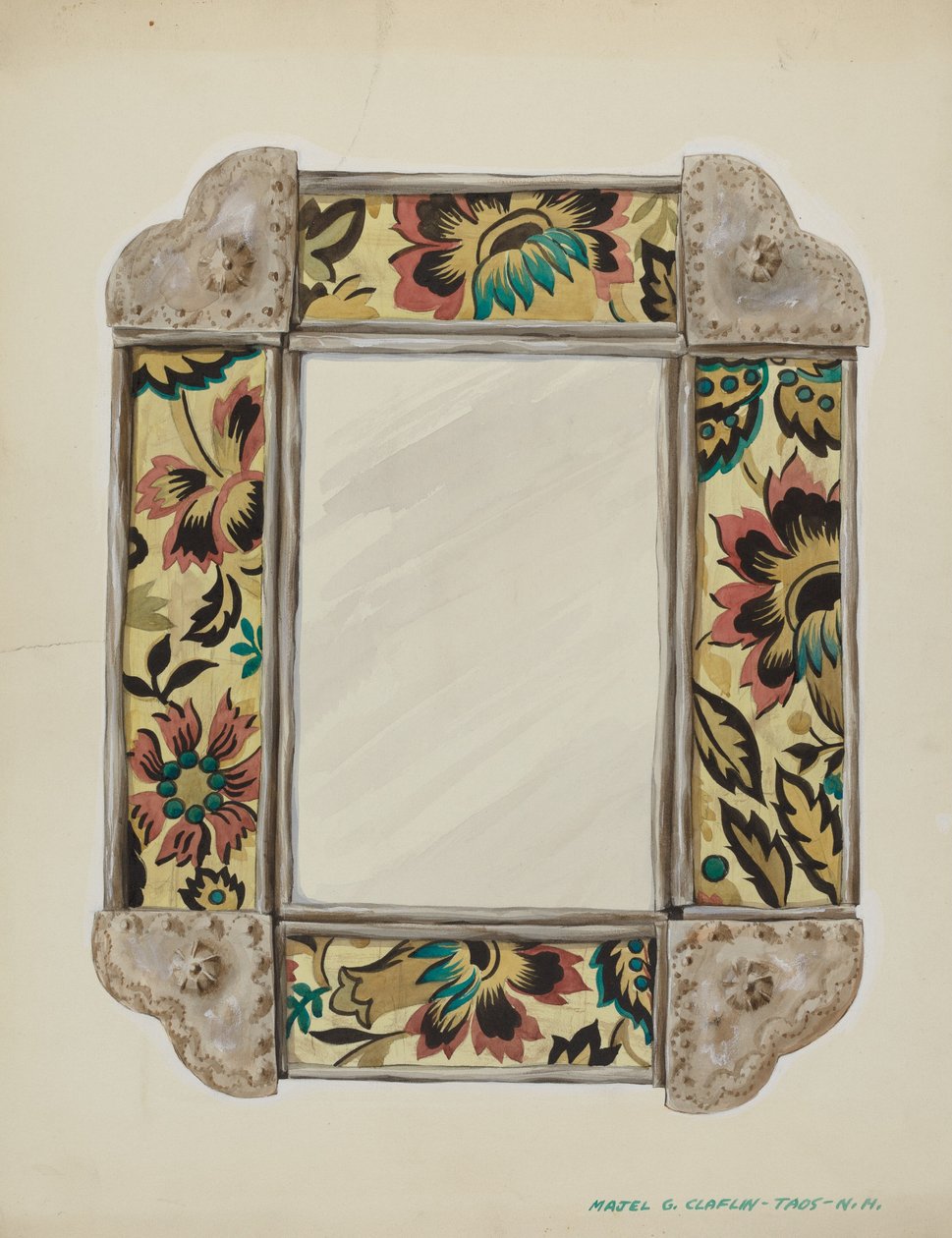 Spiegel, gerahmt mit Tapetenpaneelen, eingefasst in Zinn, ca. 1938 von Majel G. Claflin