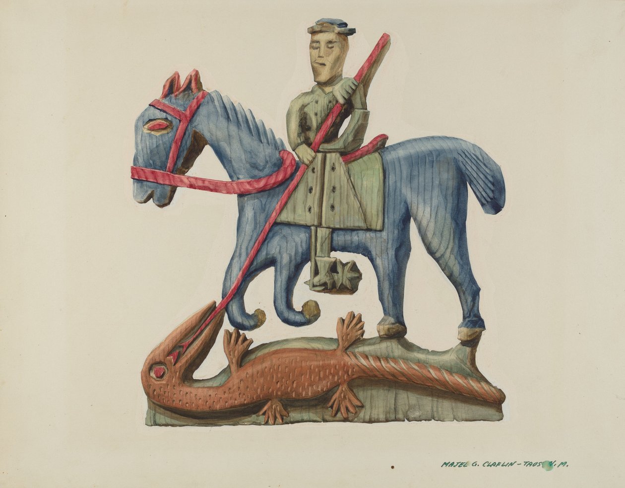 Sankt Georg und der Drache, aus einem Plankenabschnitt geschnitzt - bemalt, ca. 1938 von Majel G. Claflin