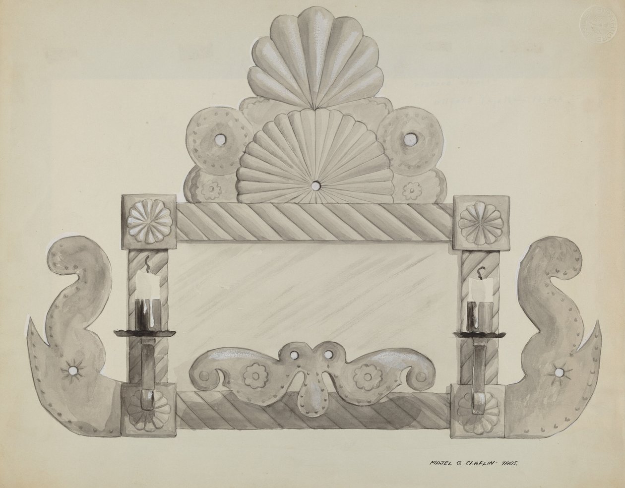 Zinnspiegelrahmen mit 2 Kerzenhaltern, ca. 1937 von Majel G. Claflin