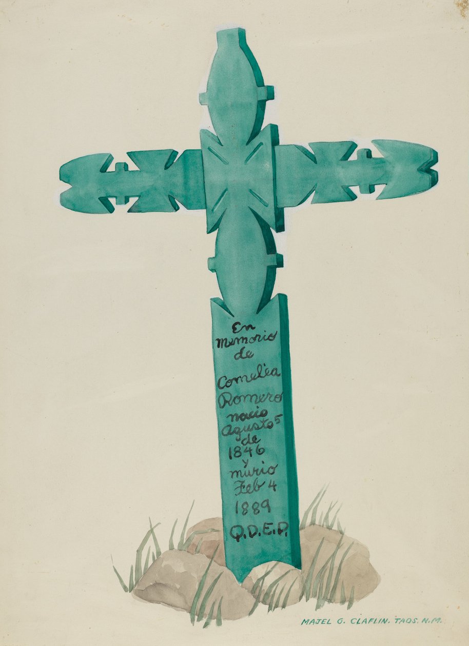 Holzkreuz, geschnitzt, als Grabstein verwendet, ca. 1937 von Majel G. Claflin