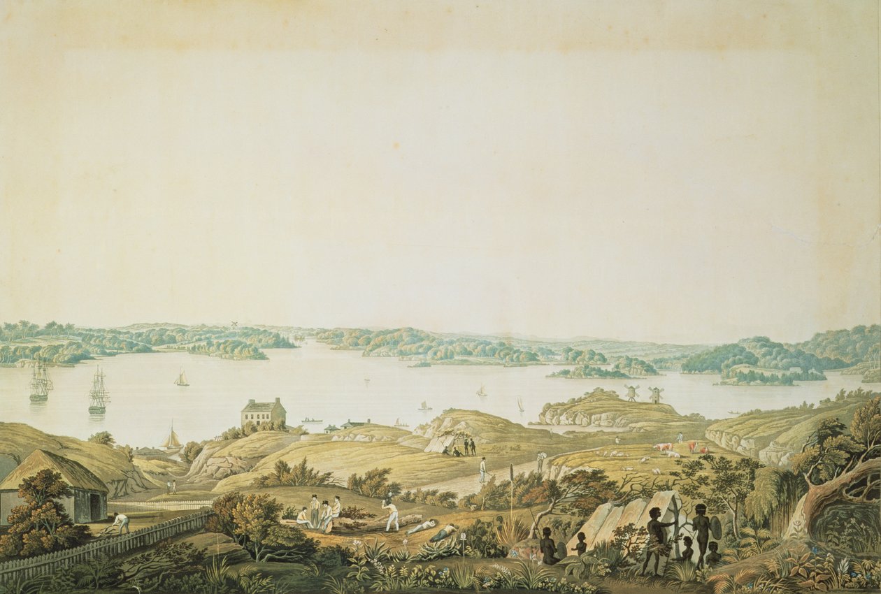 Teil des Hafens von Port Jackson und das Land zwischen Sydney und den Blue Mountains, New South Wales, rechter Abschnitt einer Panoramansicht, ca. 1821 von Major James Taylor