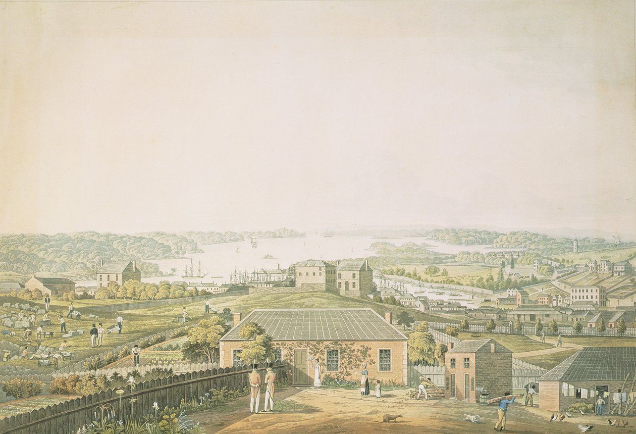 Der Eingang von Port Jackson und ein Teil der Stadt Sydney in New South Wales, linker Abschnitt der Panoramasicht, ca. 1821 von Major James Taylor