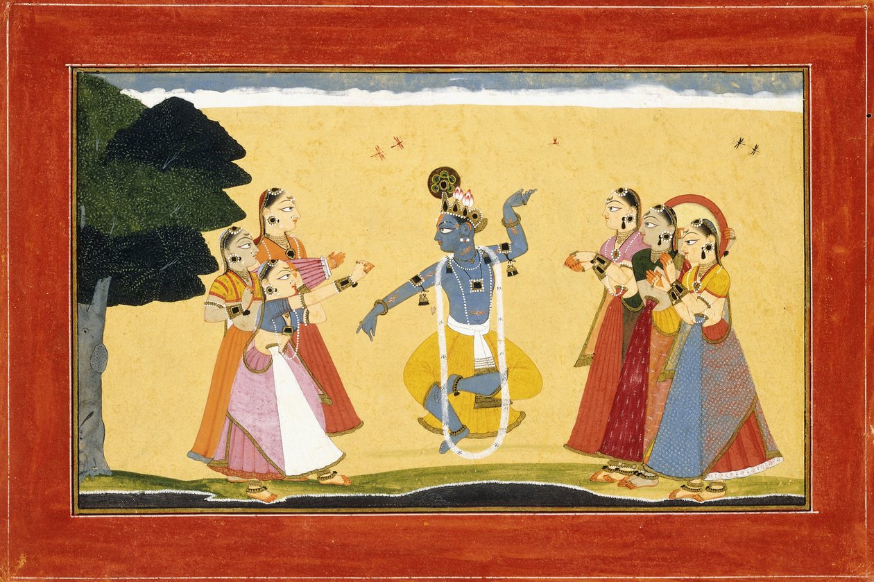 Krishna tanzt vor den Kuhmädchen, die in die Hände klatschen, ca. 1730-1735 von Manaku