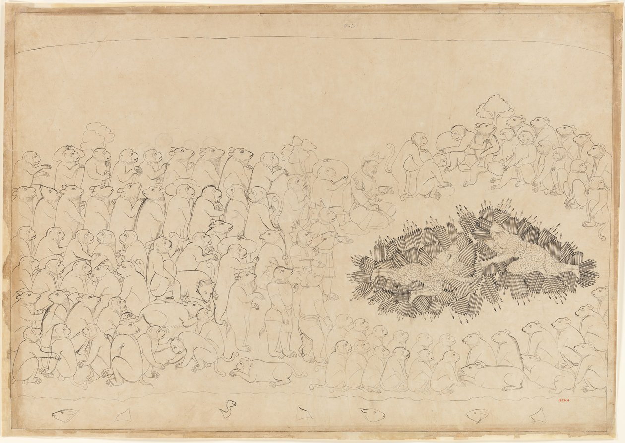 Rama und Lakshmana überwältigt von Pfeilen: Folio aus der Belagerung von Lanka Serie, ca. 1725 von Manaku