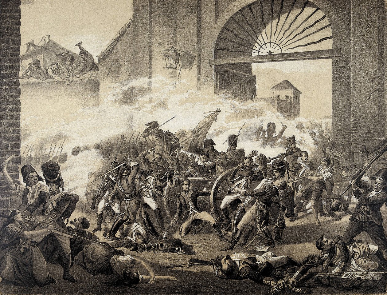 Espana. Guerra de Independecia (1808). Zweiter Mai in Madrid. Tod von Luis Daoiz bei der Verteidigung des Monteleon-Parks. Gravur nach einem Gemälde von Manuel Castellano. Lithografie. von Manuel (after) Castellano