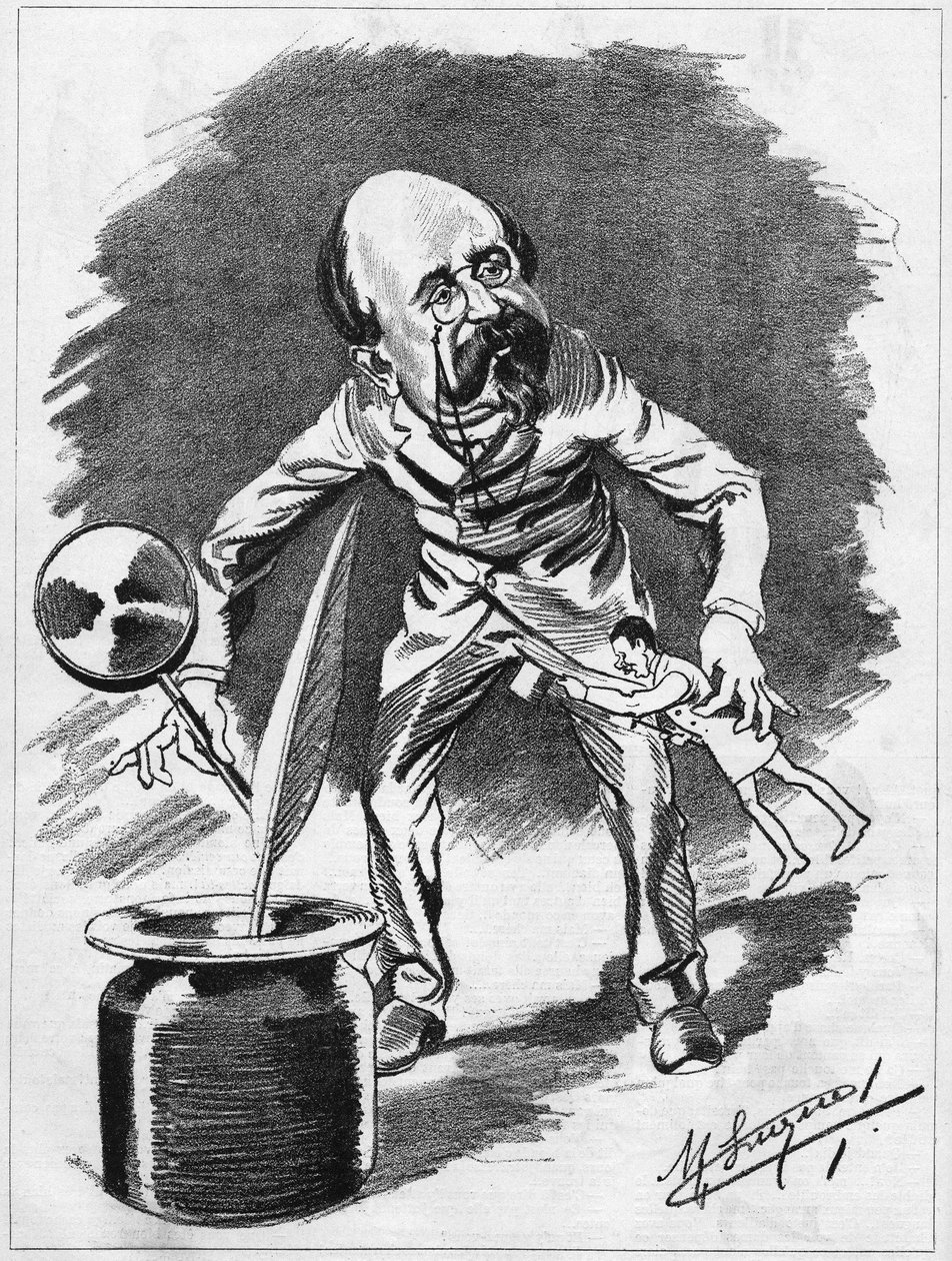 Edmond Gondinet (1828-1888) französischer Dramatiker. Karikatur von dem Karikaturisten Manuel Luque. In „Der Karikatur“ von 1886 von Manuel Luque