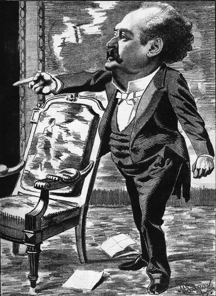 Jose Dupuis (1831-1900), Schauspieler, Fantasiekomiker. Karikatur des Karikaturisten Manuel Luque. In „The Cartoon“ von 1886 von Manuel Luque