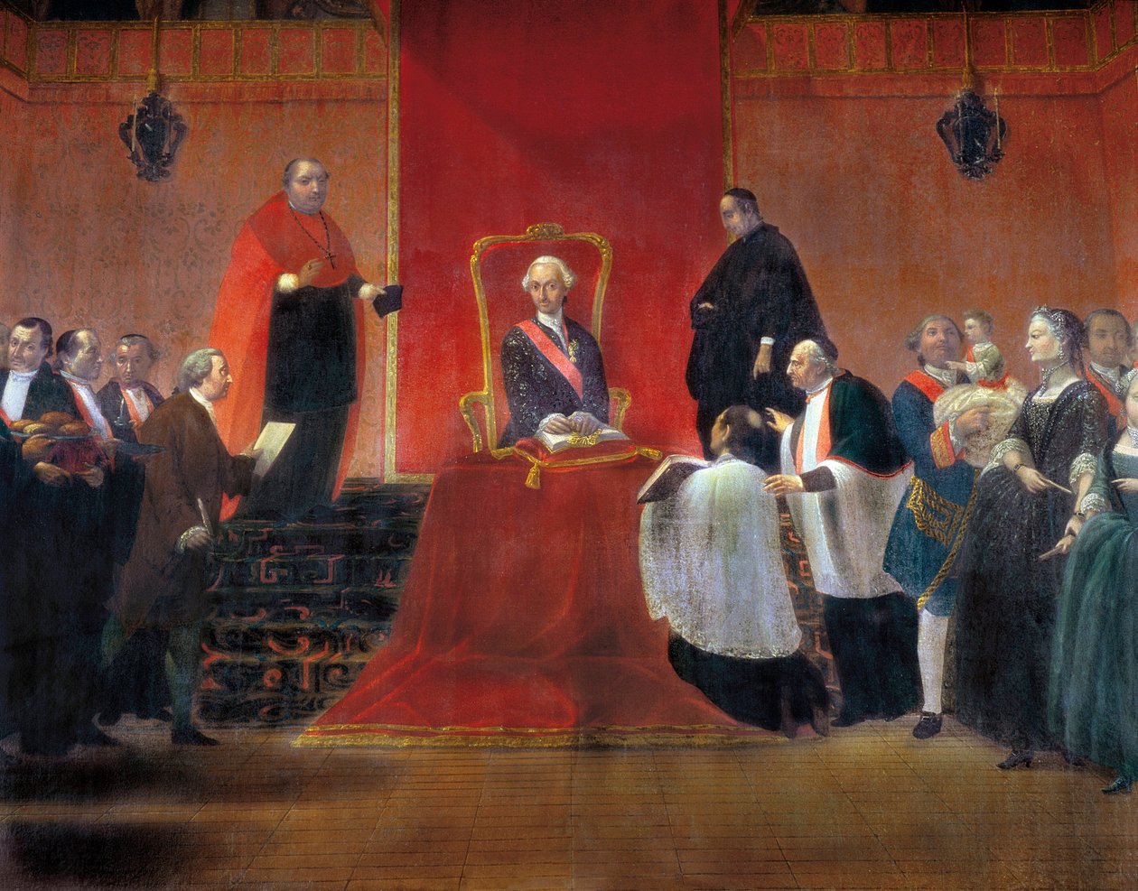 Karl III. übernimmt das Kanonikat von Barcelona im Jahr 1759, Detail von Manuel Tramulles