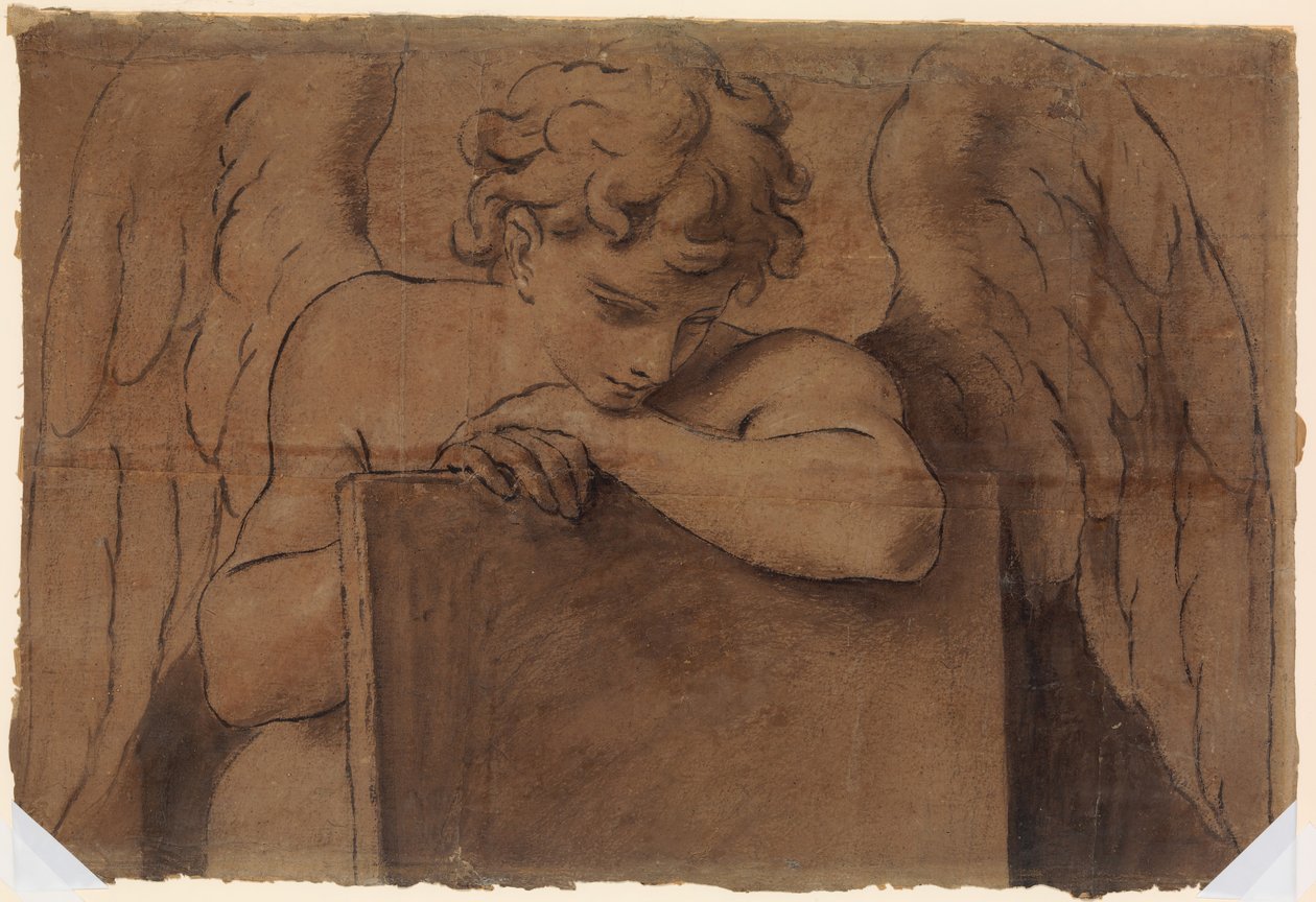 Karikaturfragment für jugendlichen Engel, der sich auf eine Tafel oder ein geschlossenes Buch stützt, ca. 1690-95 von Marc Antonio Franceschini