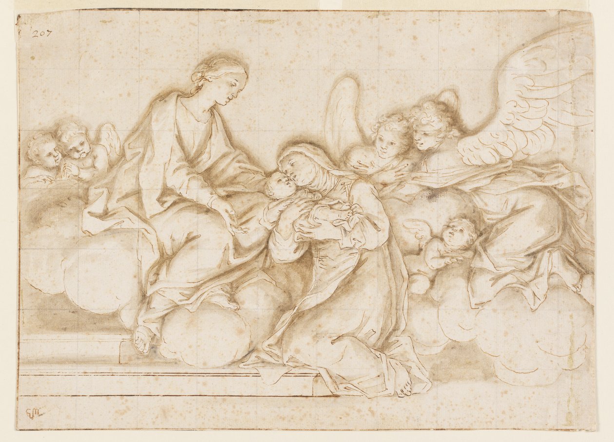 Entwurf für ein monochromes Wandgemälde, Kirche Corpus Domini, Bologna, Italien, St. Caterina Vigri empfängt das Kind von der Jungfrau von Marc Antonio Franceschini
