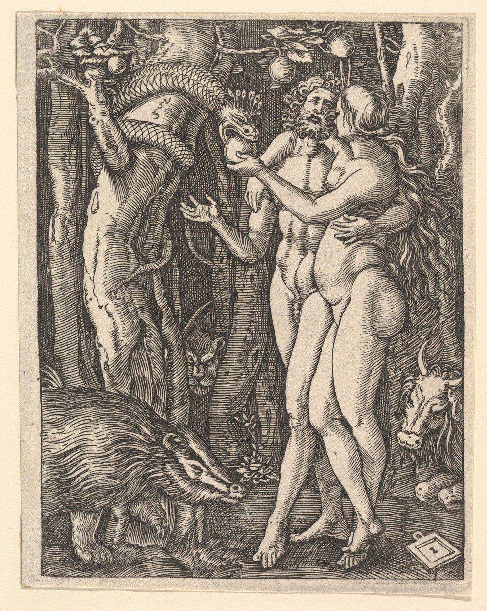 Adam und Eva mit Apfel und Schlange, ca. 1500-1534 von Marcantonio Raimondi
