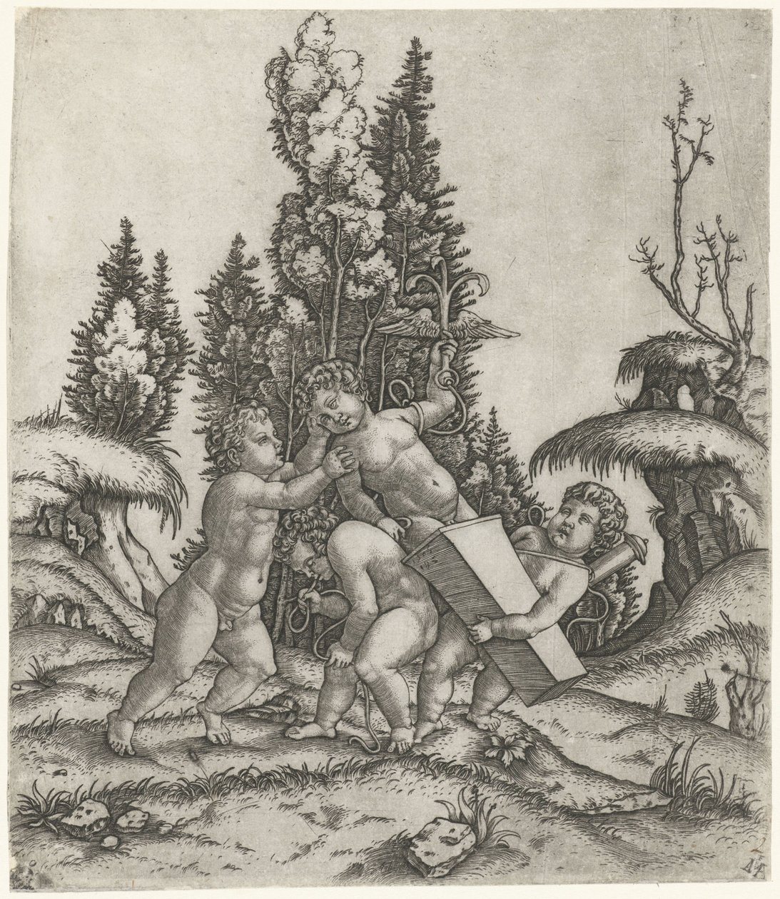 Amor und zwei Putti oder Kinder tragen eine Statue von Putti mit geflügeltem Anker auf einem Sockel von Marcantonio Raimondi