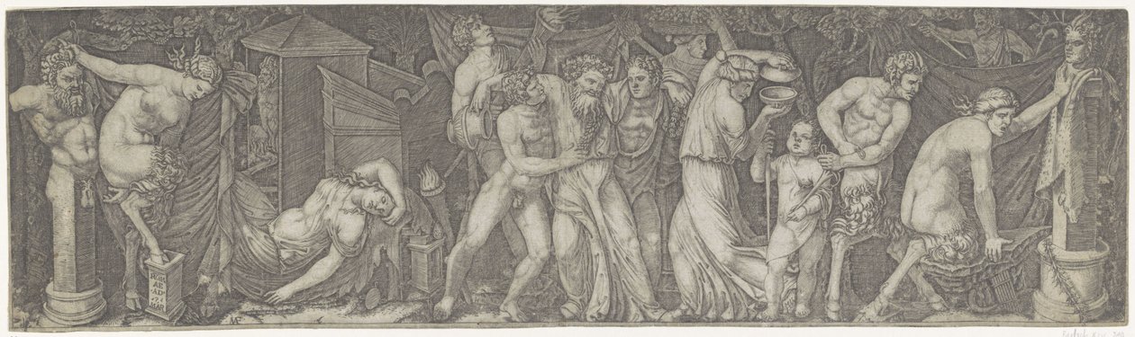 Bacchanal mit betrunkenem Bacchus und Satyrn und Mänaden von Marcantonio Raimondi