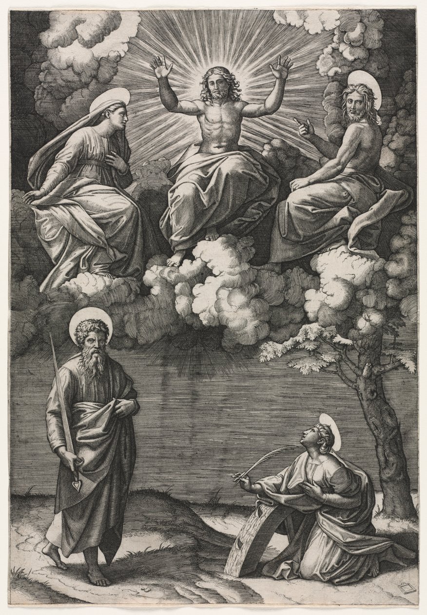 Christus, die Jungfrau und Johannes der Täufer mit den Heiligen Paulus und Katharina, ca. 1520-1525 von Marcantonio Raimondi