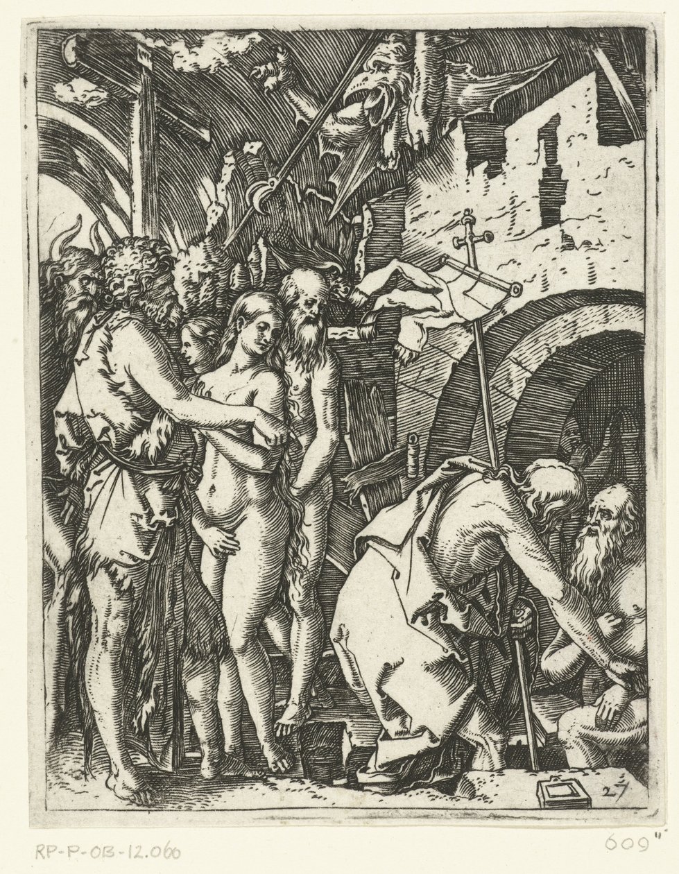 Christus verlässt die Hölle und befreit Patriarchen und Propheten und andere von Marcantonio Raimondi