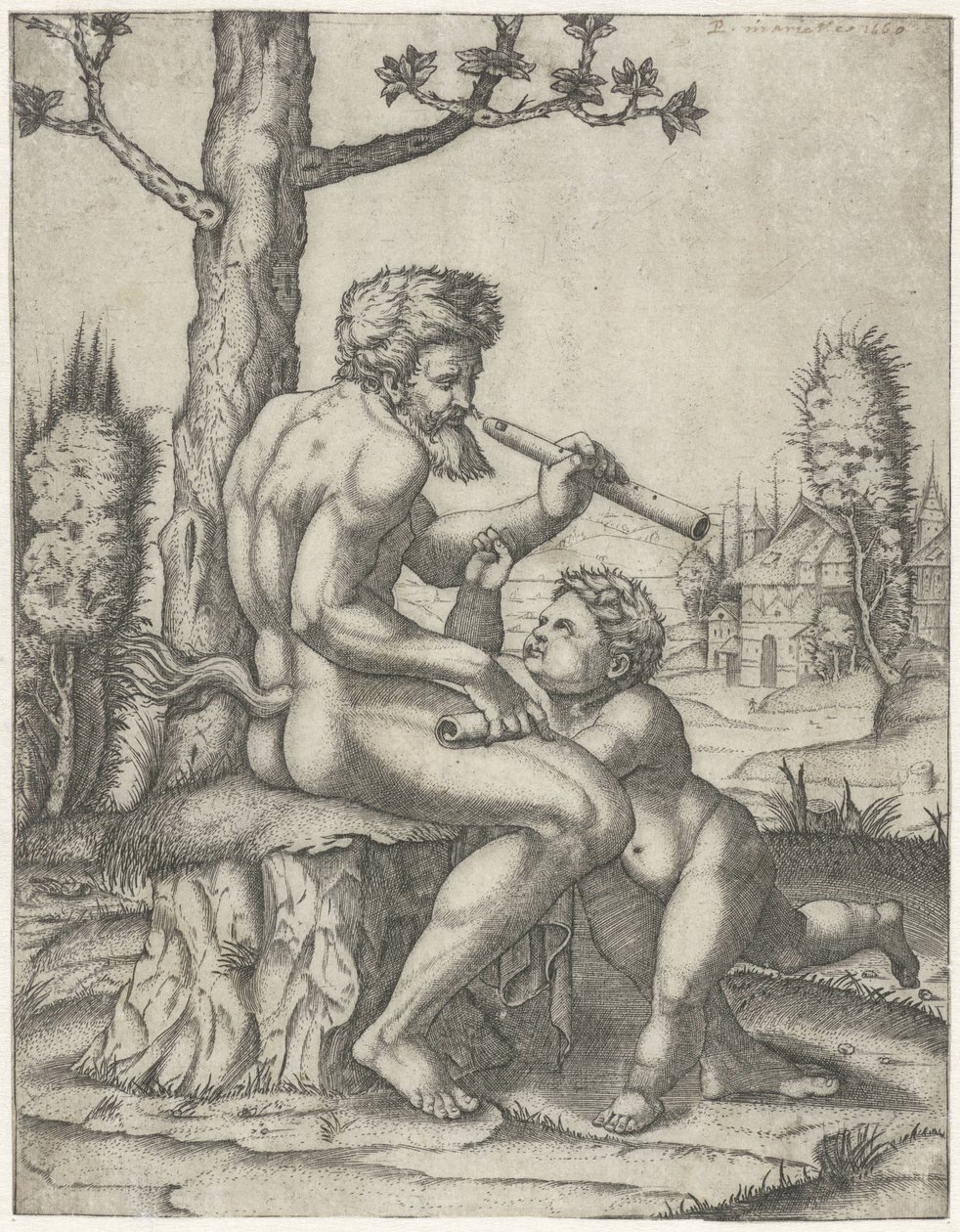 Faun mit Flöte spielt mit Kind von Marcantonio Raimondi