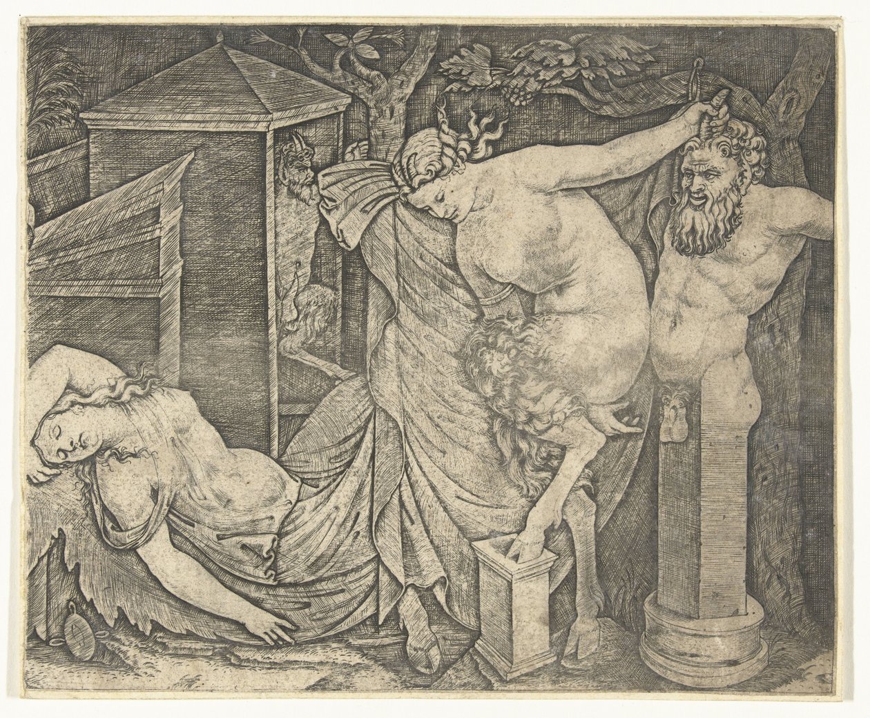Fragment eines Bacchanals mit Satyrfrau und Herm und schlafender Bacchantin von Marcantonio Raimondi