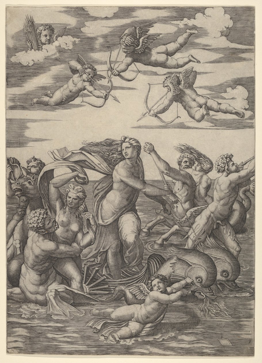 Galatea steht in einem Wasserwagen, gezogen von zwei Delfinen, umgeben von Tritonen, Nereiden..., 1515-16 von Marcantonio Raimondi