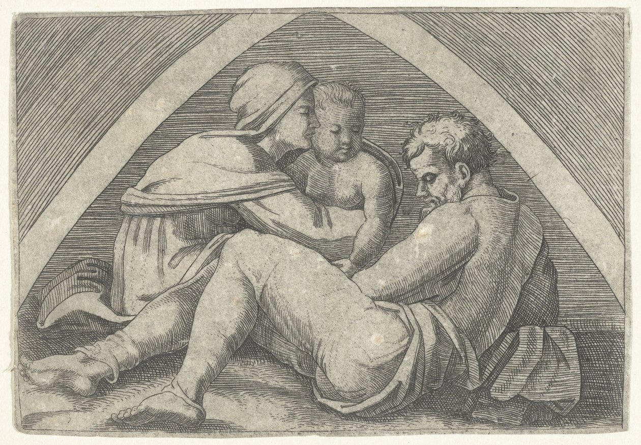 Heilige Familie unter einem Bogen von Marcantonio Raimondi