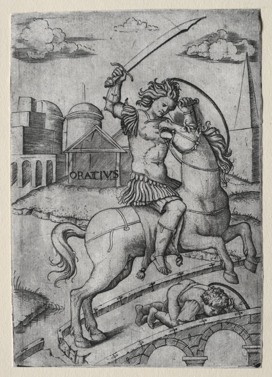 Horatius Cocles verteidigt die Sublicianische Brücke von Marcantonio Raimondi