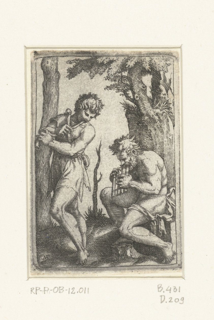 Junger Hirte mit Schalmei und alter Hirte mit Panflöte von Marcantonio Raimondi
