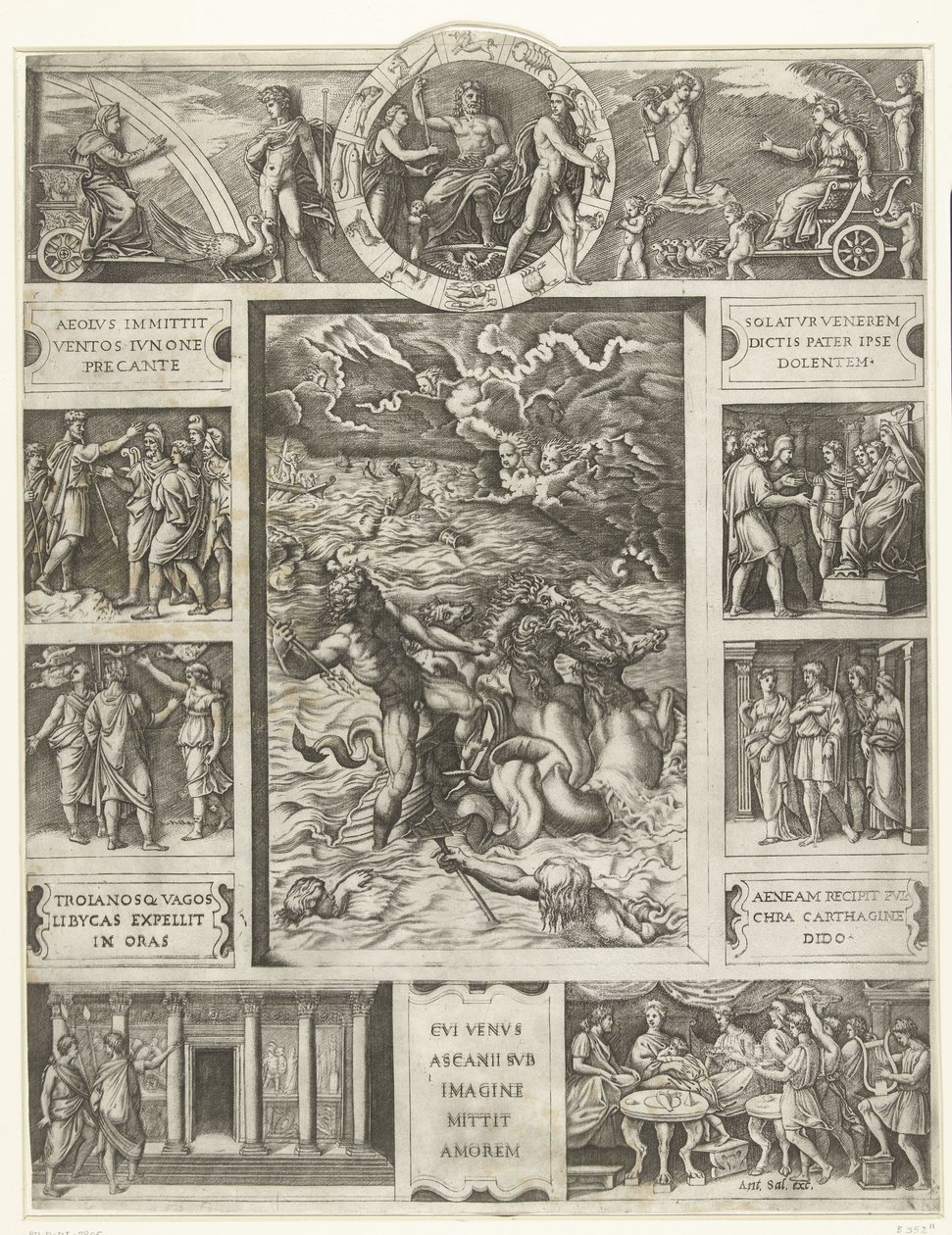 Jupiter beruhigt den Sturm auf See in rechteckiger Umrahmung mit neun Szenen aus dem Epos Aeneis von Marcantonio Raimondi