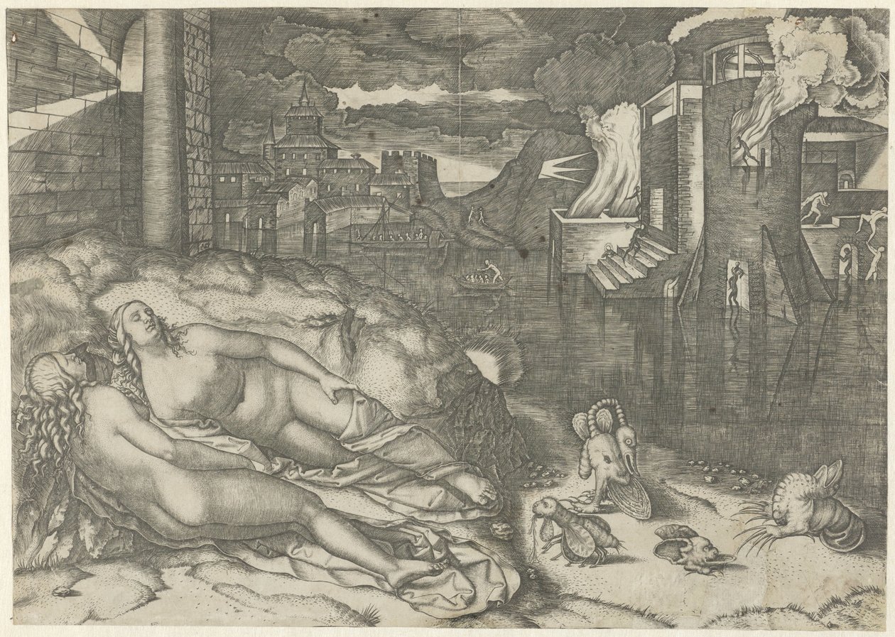 Landschaft mit zwei nackten schlafenden Frauen und Fantasietieren am Ufer bei einem brennenden Gebäude von Marcantonio Raimondi
