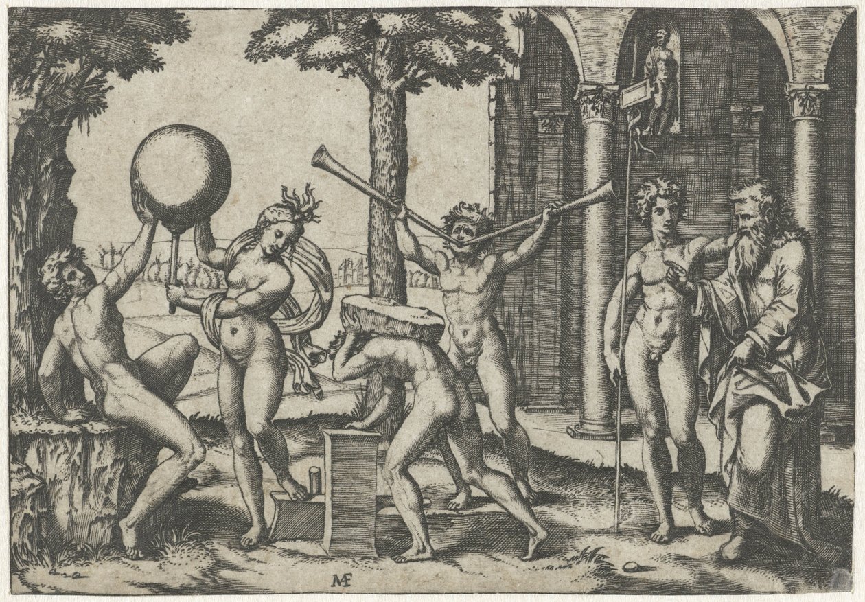 Mann mit zwei Trompeten und Mann mit Stein auf dem Rücken flankiert von Mann und Frau mit Globus und alter und junger Mann von Marcantonio Raimondi
