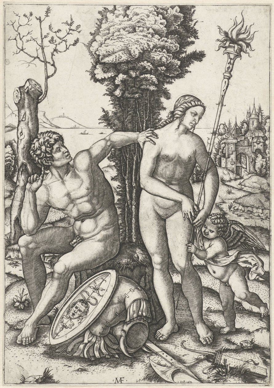 Mars und Venus als Liebespaar mit Amor von Marcantonio Raimondi