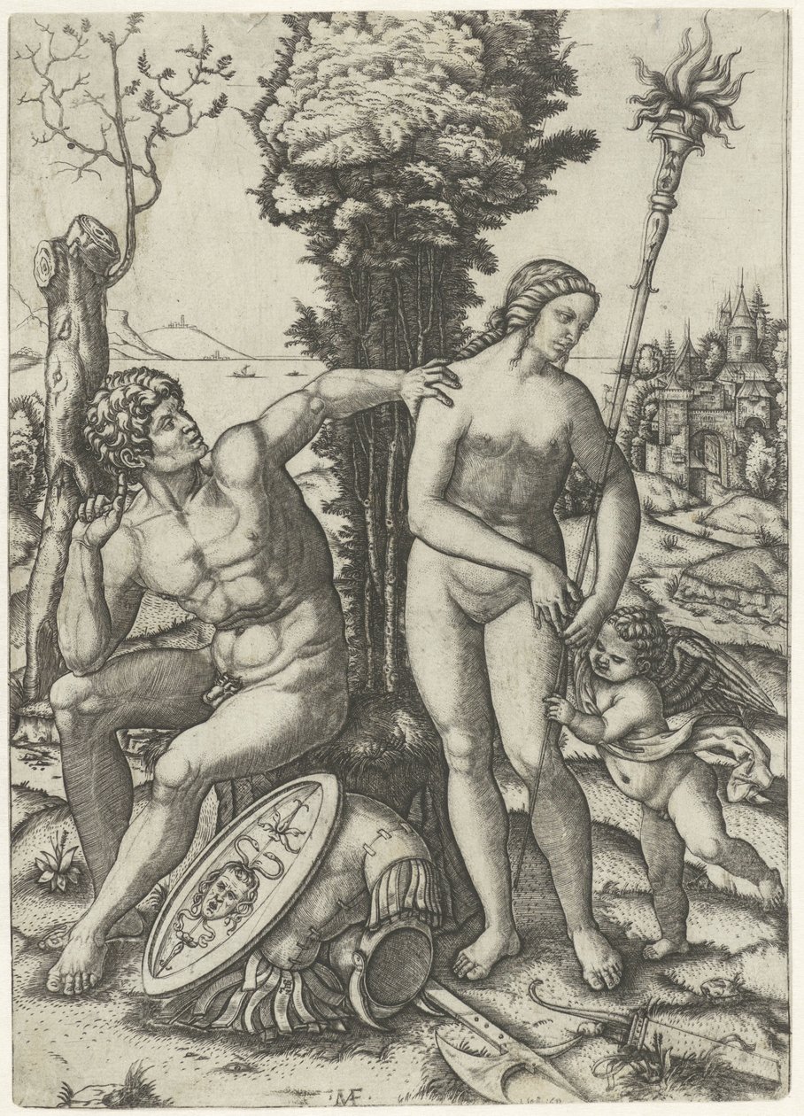 Mars und Venus als Liebespaar mit Amor von Marcantonio Raimondi