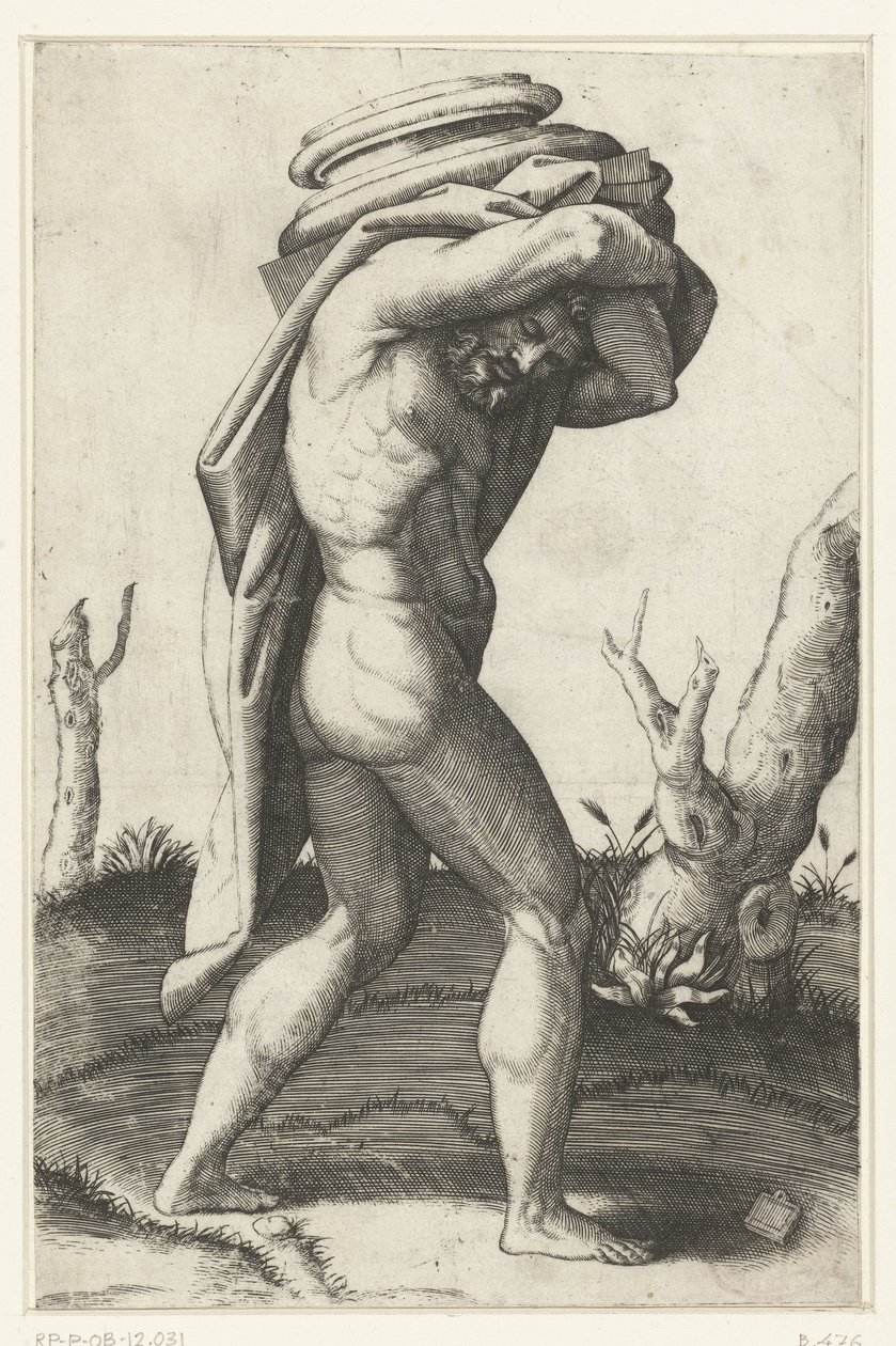 Nackter Mann trägt Basis einer Säule auf seinem Rücken von Marcantonio Raimondi
