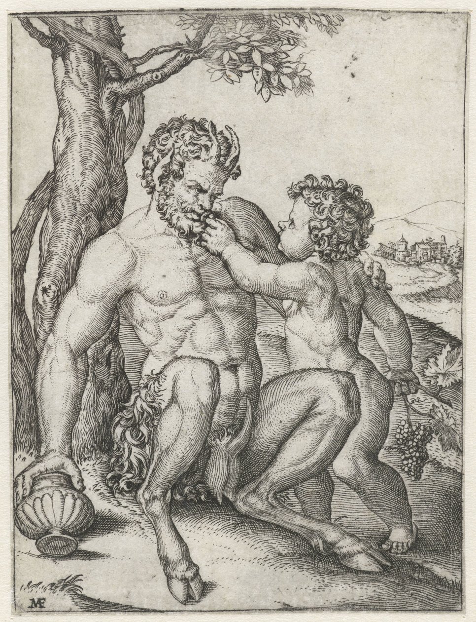 Pan mit Trinkbecher und Bacchus als Kind mit Trauben von Marcantonio Raimondi