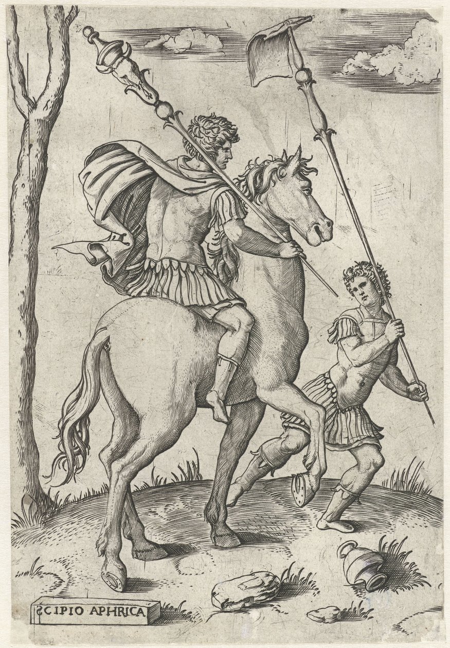 Römische Generäle Scipio Africanus Maior zu Pferd und Scipio Africanus Minor Römische Helden zu Pferd (Serientitel) von Marcantonio Raimondi