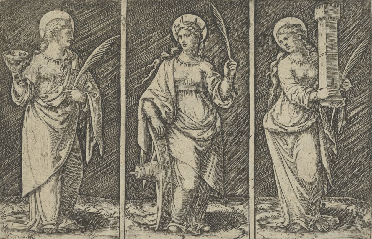 Heilige Barbara links, Heilige Katharina Mitte, Heilige Lucia rechts, ca. 1500-1527 von Marcantonio Raimondi