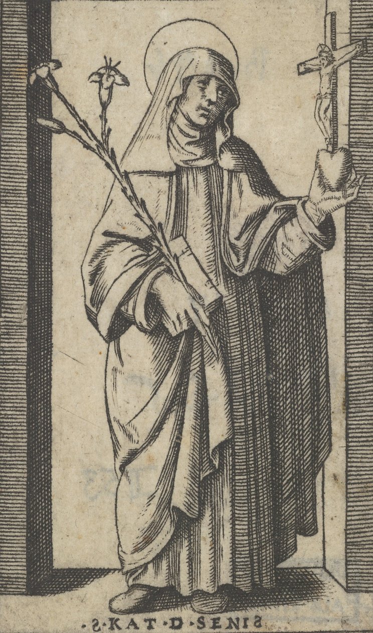 Heilige Katharina von Siena, stehend, Blumen und Buch in ihrer rechten Hand haltend, ca. 1500-1527 von Marcantonio Raimondi