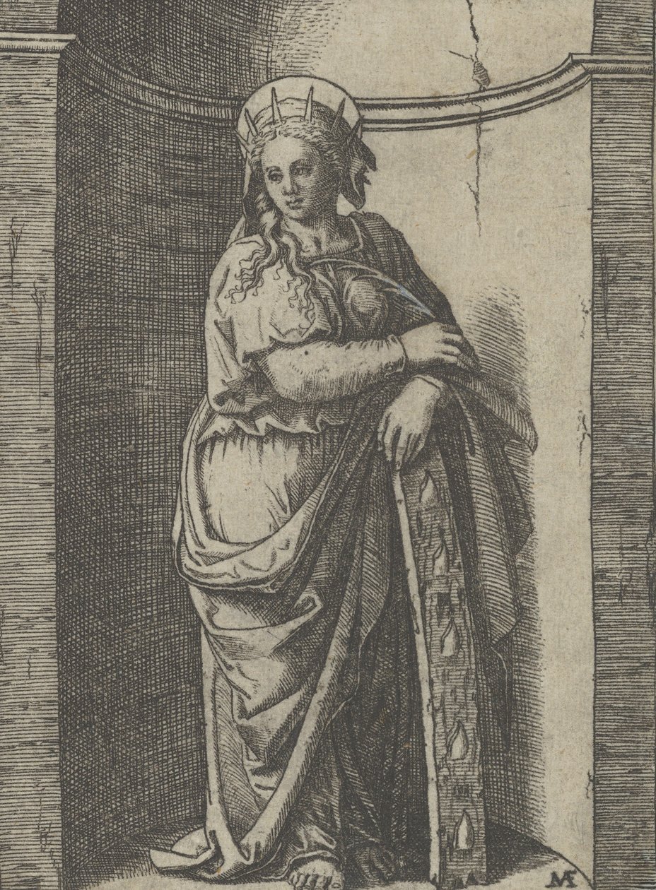 Heilige Katharina, die in einer Nische steht und sich auf ein Rad stützt, ihr Folterinstrument von Marcantonio Raimondi