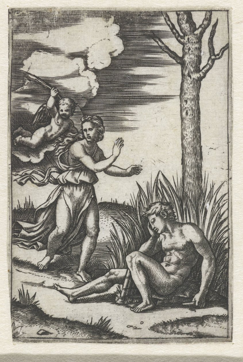 Schlafender Mann und Nymphe von Amor verfolgt von Marcantonio Raimondi