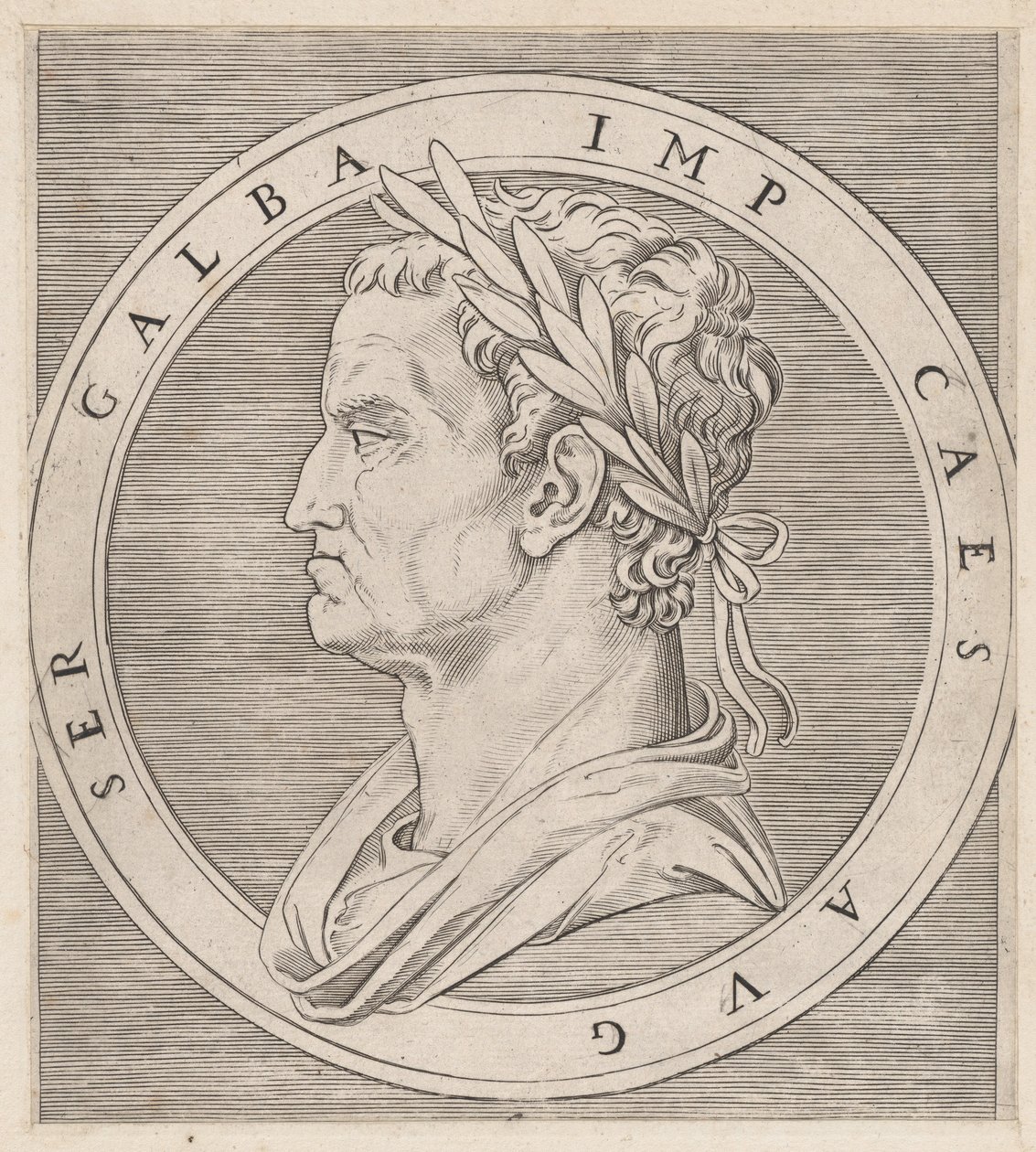 Speculum Romanae Magnificentiae: Galba, aus Die zwölf Cäsaren, ca. 1500-1534 von Marcantonio Raimondi