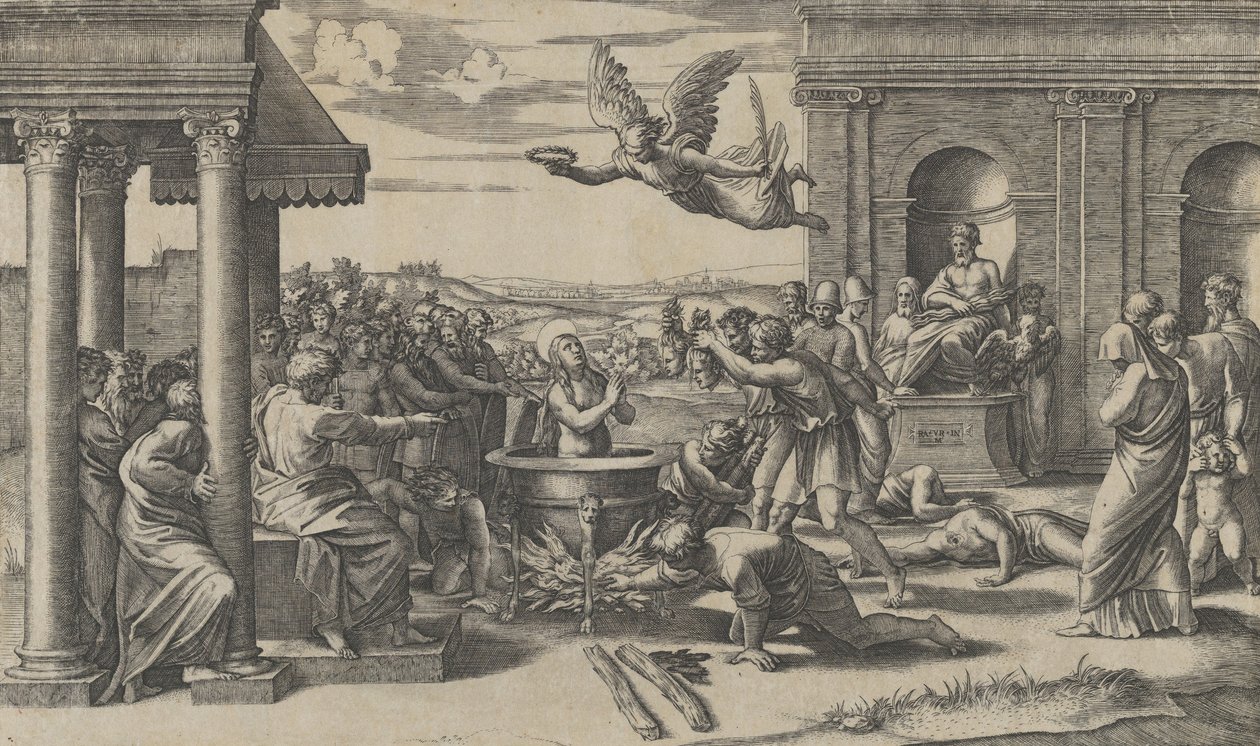 Das Martyrium der heiligen Cäcilia, nackt in einem großen Kessel stehend, links unten von Marcantonio Raimondi