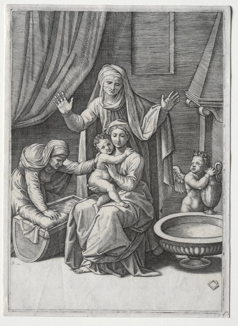 Die Jungfrau und die Wiege mit der Heiligen Elisabeth und der Heiligen Anna, 1520 von Marcantonio Raimondi