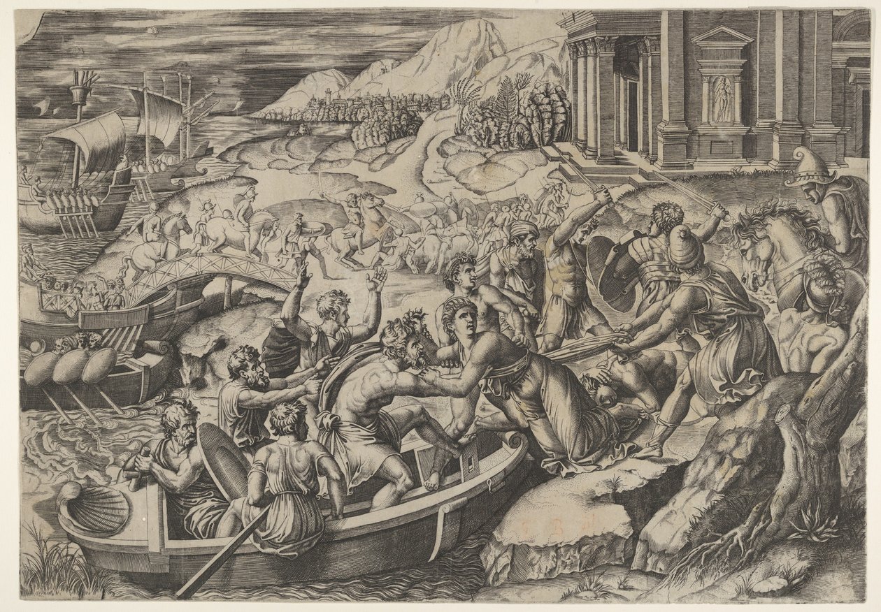 Die Entführung der Helena, Kampfszene an einem Ufer mit zwei Männern, die Helena in ein Boot ziehen, ca. 1520-27 von Marcantonio Raimondi