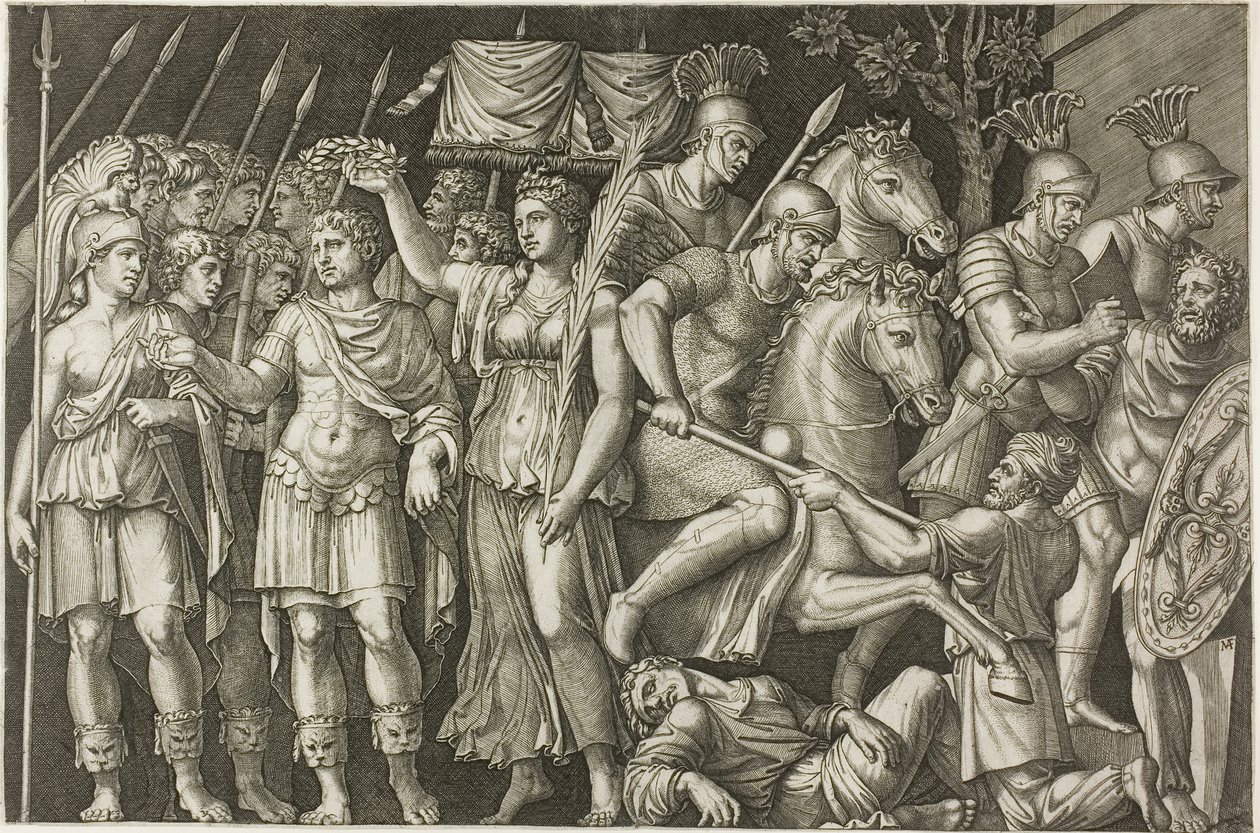 Trajan von der Siegesgöttin gekrönt von Marcantonio Raimondi
