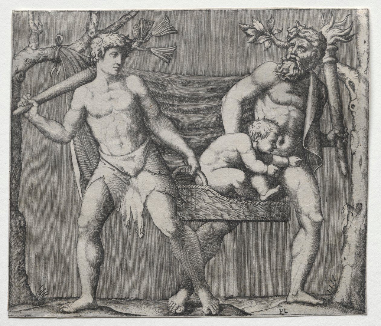 Zwei Faune tragen ein Kind in einem Korb, um 1513-1515 von Marcantonio Raimondi